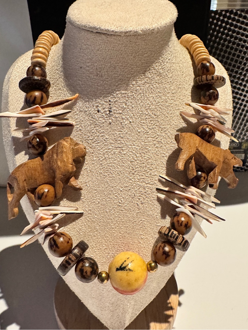 Vintage African Tribal Wooden Necklace Carved Lion & Hippo 🦛 Animals
